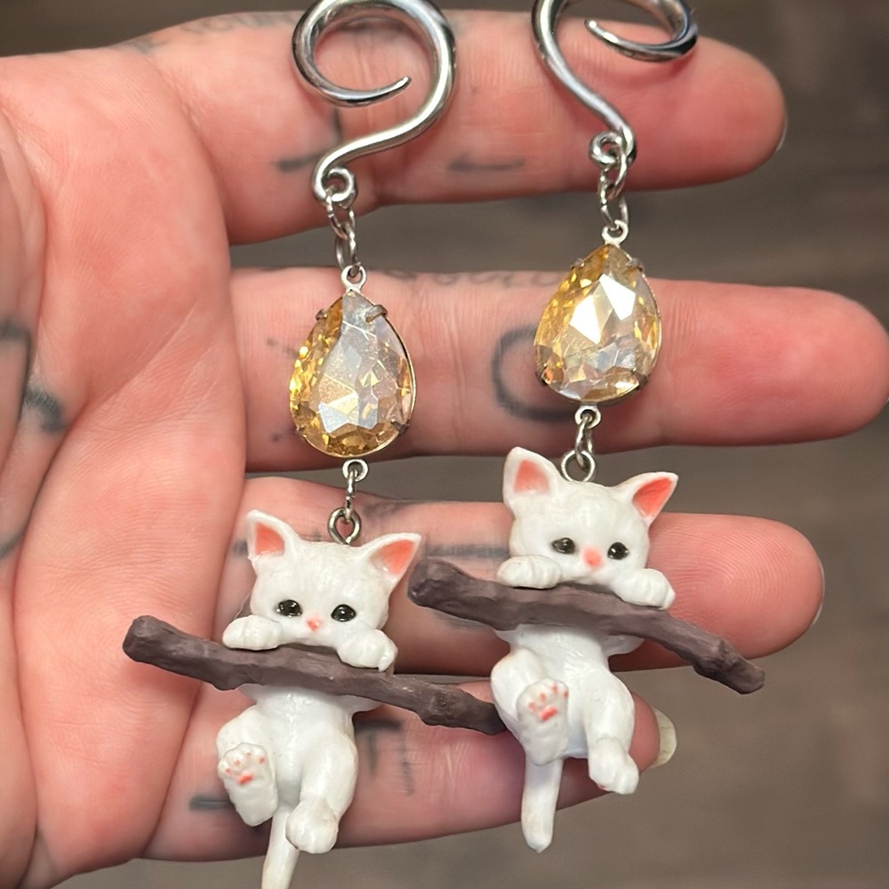 White Cat Earrings with Crystal Accents hang in there baby ear hangers 6 ga 4 mm